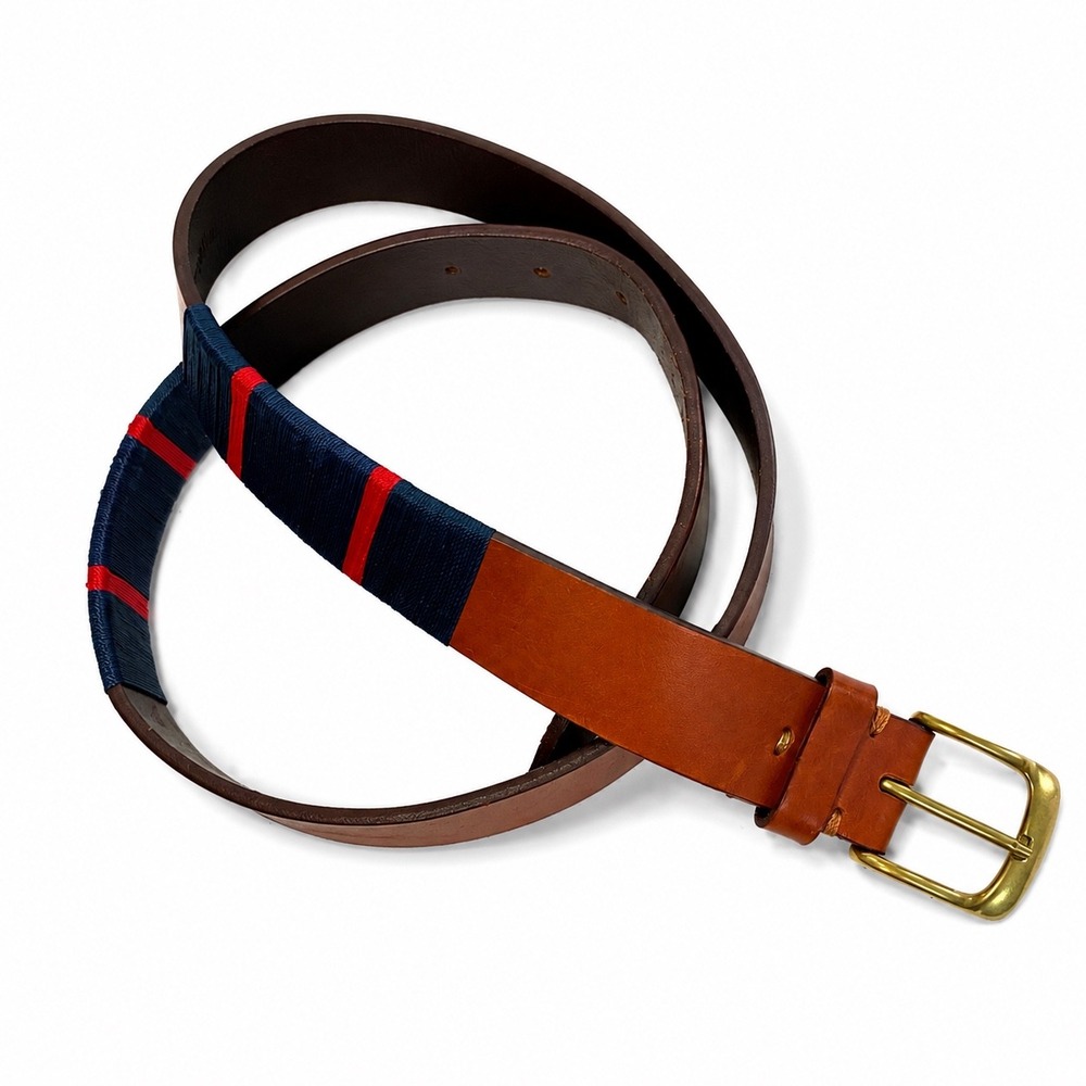 J. McLaughlin Leather Surcingle Belt Men's 38 Brown Navy Red Preppy Nautical